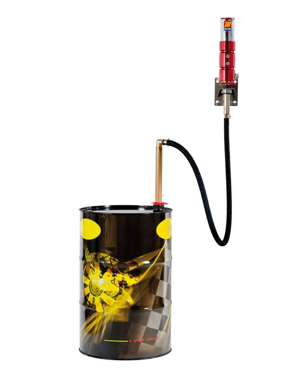 Paineilmatoiminen öljynsiirtoyksikkö seinäkiinnitteisellä pumpulla tynnyrille ja 1000 L tankille pumppaussuhde 5 : 1 35L/min