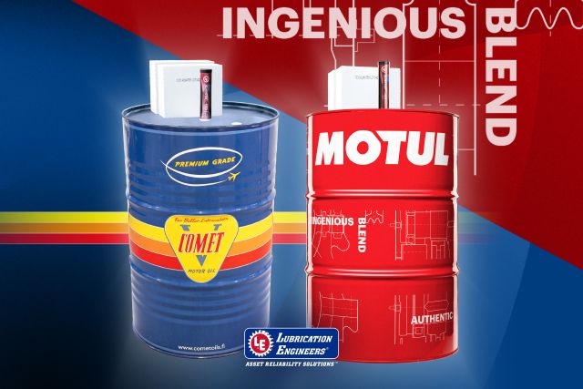 Comet-tynnyri ja Motul-tynnyri vierekkäin, molempien päällä LE-voitelurasvatuubi ja kaksi LE-voitelurasvapakettia.