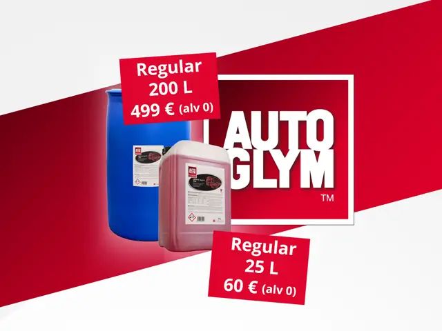 Autoglym Heavy Duty TFR (Regular) -tynnyri ja kanisteri sekä Autoglymin logo punavalkoisella taustalla, tynnyrin päällä hinta 499 € alv 0, kanisterin päällä hinta 60 € alv 0.