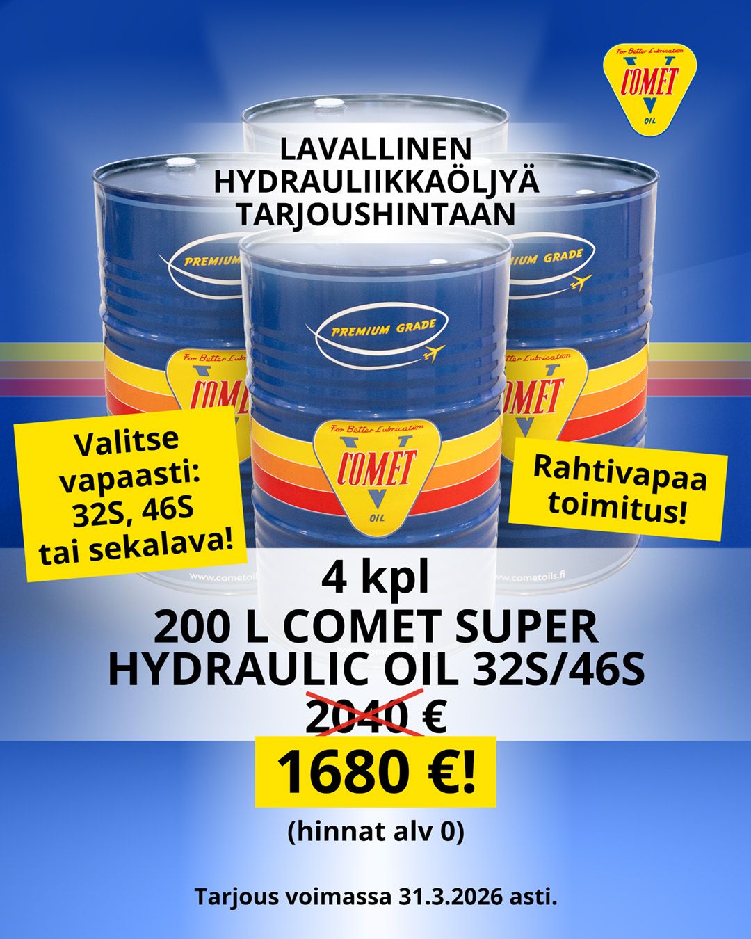 Neljä Comet-tynnyriä sinisellä taustalla, kuvan päällä tarjouksen tiedot