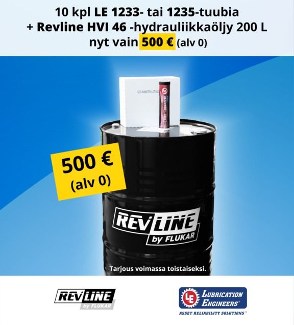 Revlinen musta tynnyri, jonka päällä LE 1233 -laatikko ja -tuubi. Sininen tausta jossa tuotemerkkien logot sekä tarjouksen tiedot tekstinä.