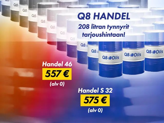 Useita Q8 Oils -tynnyreitä vierekkäin riveissä värillisen taustan päällä, kuvan päällä tarjoustekstit ja tarjoushinnat.