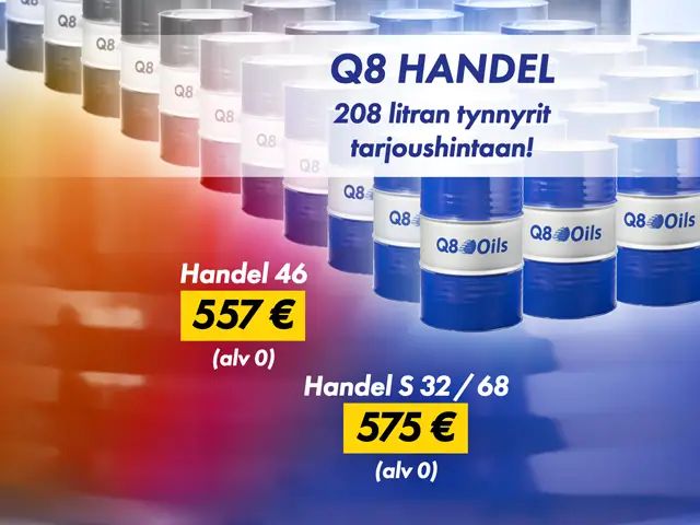 Useita Q8 Oils -tynnyreitä vierekkäin riveissä värillisen taustan päällä, kuvan päällä tarjoustekstit ja tarjoushinnat.