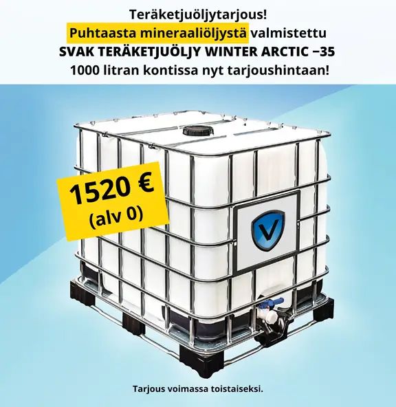 1000 litran kontti SVAK-logolla, kuvaan kirjoitettu tarjoukseen liittyvät tekstit ja hinta 1520 euroa (alv 0).