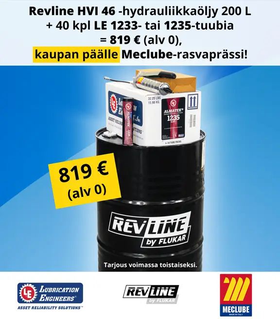 Revlinen musta tynnyri, jonka päällä LE 1235 -laatikko ja -tuubi, laatikon päällä Mecluben rasvaprässi. Sininen tausta jossa tuotemerkkien logot sekä tarjouksen tiedot tekstinä.